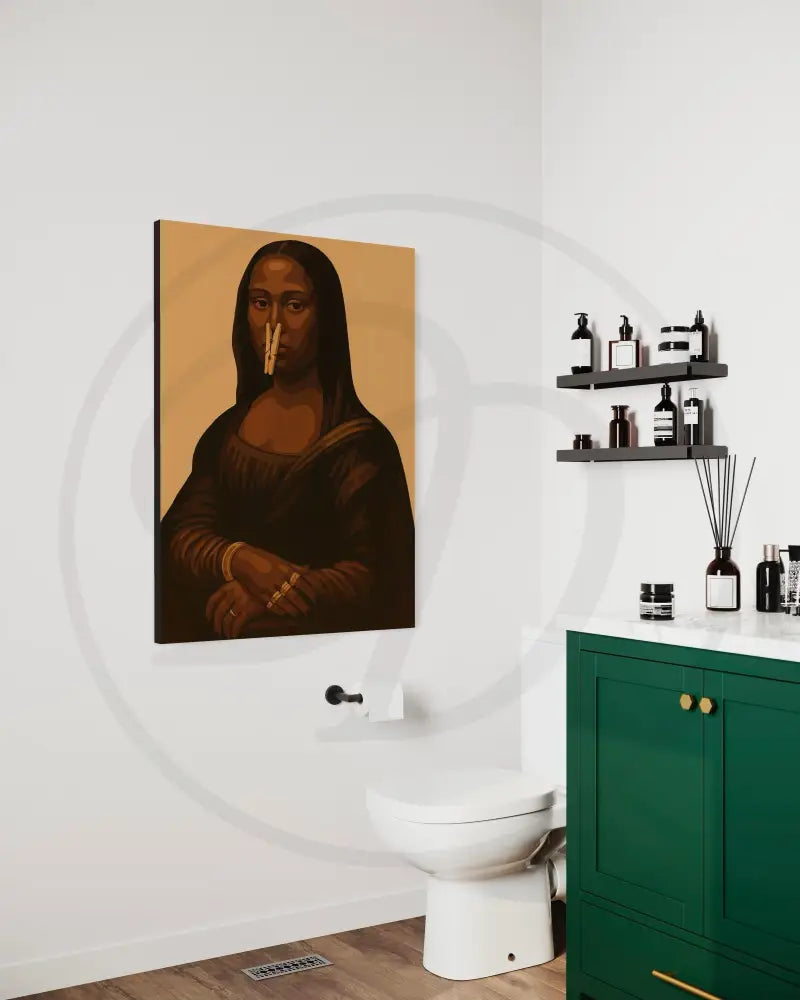 Humorous Afro Mona Lisa artwork with warm tones.