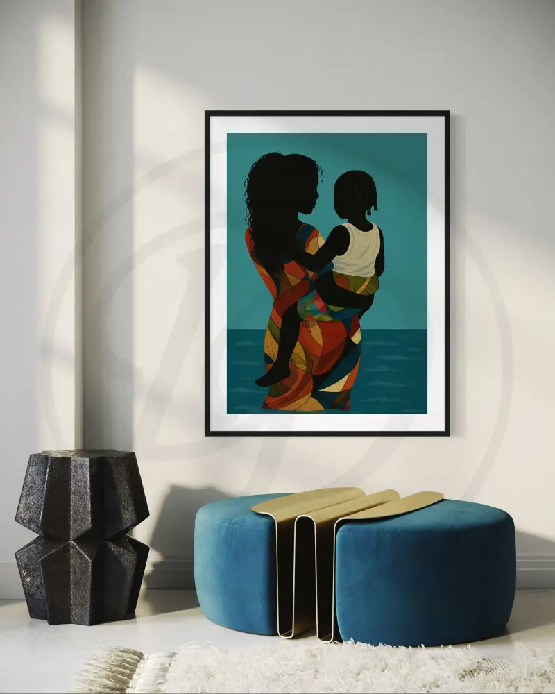 Minimalist silhouette of Black motherhood by water