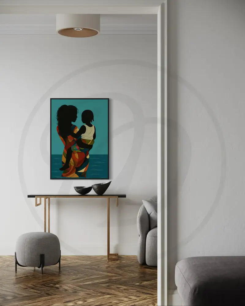 Afro mother holding child silhouette wall art