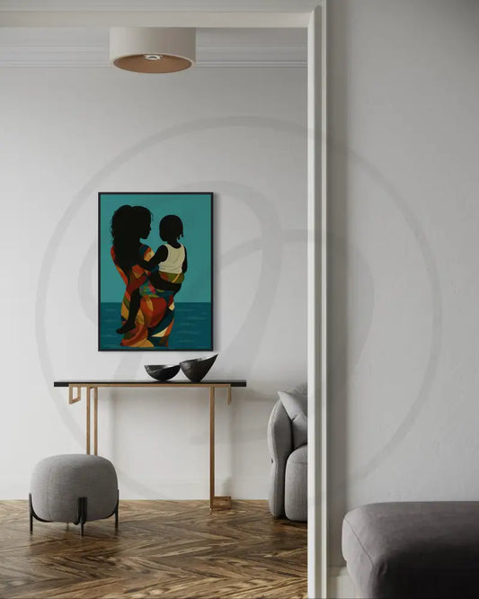 Afro mother holding child silhouette wall art