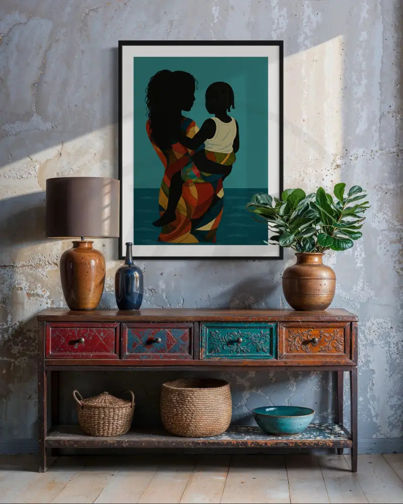 Teal background wall art of Black family