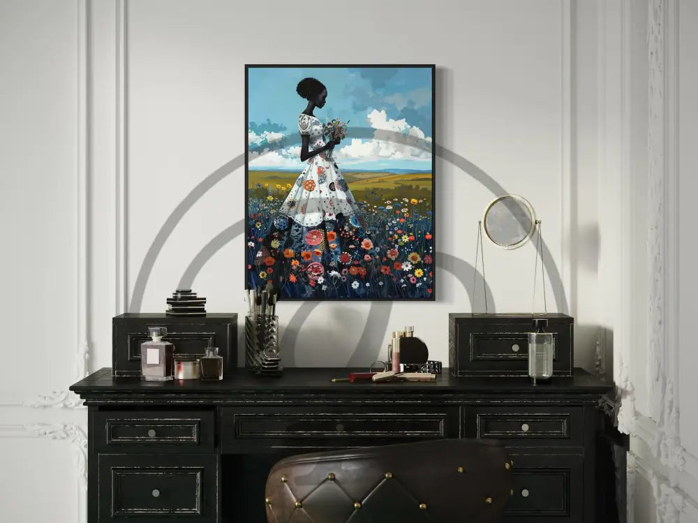 Digital print of an Afro woman in floral dress.