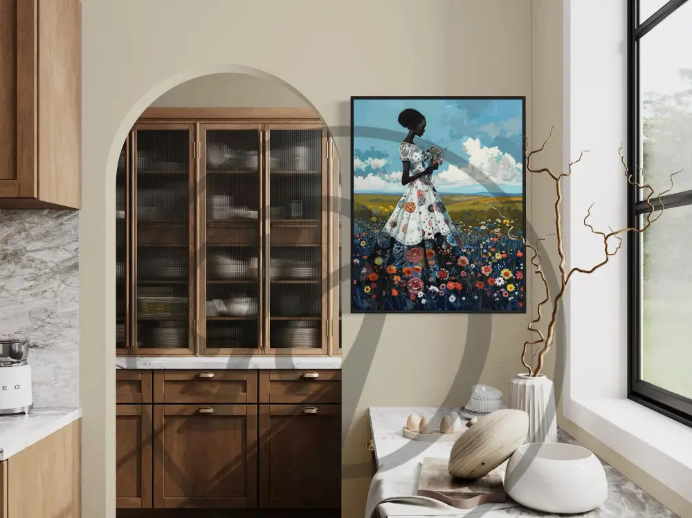 Black woman walking in wildflower field artwork.