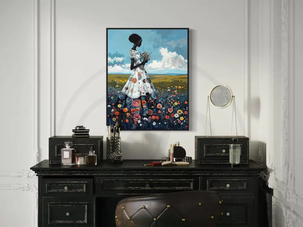 Digital print of an Afro woman in floral dress.