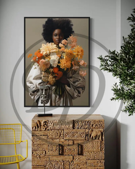 Afro woman floral portrait digital wall art.