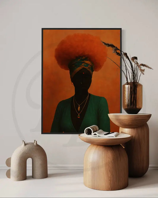 Afro woman portrait digital wall art in orange and green tones.