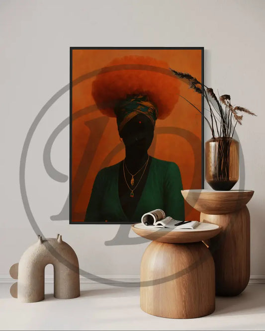 Afro woman portrait digital wall art in orange and green tones.