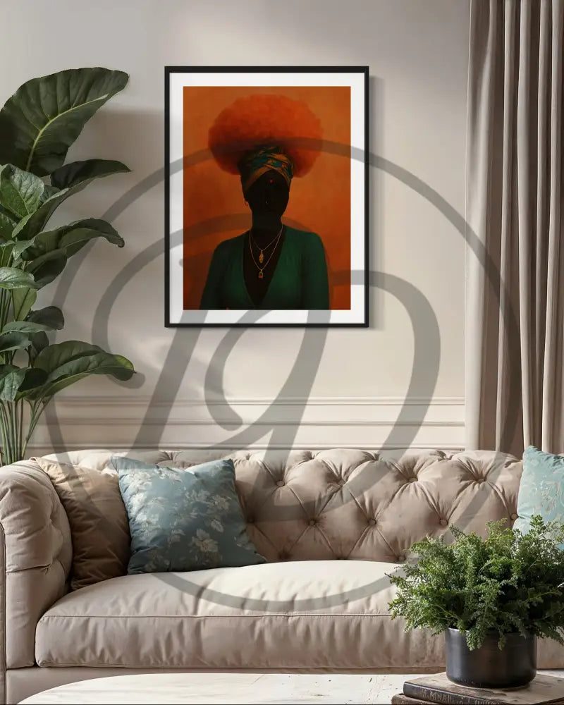 Vibrant orange and green Afro woman art print.