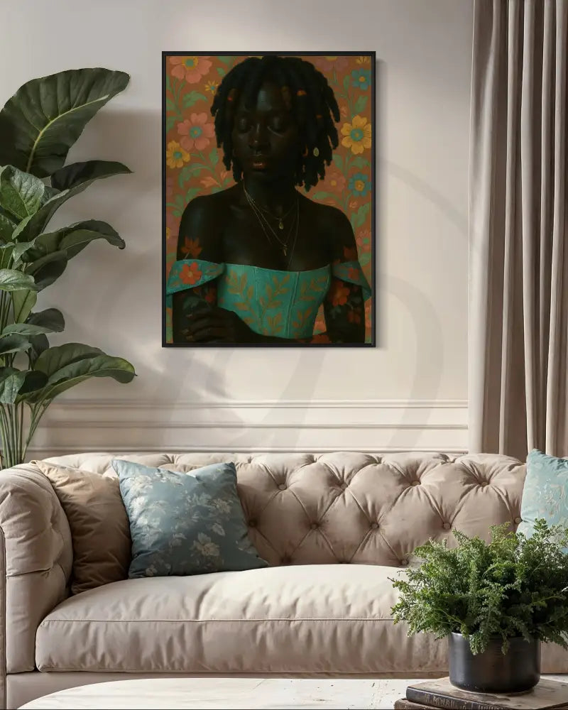 Black queen in turquoise dress