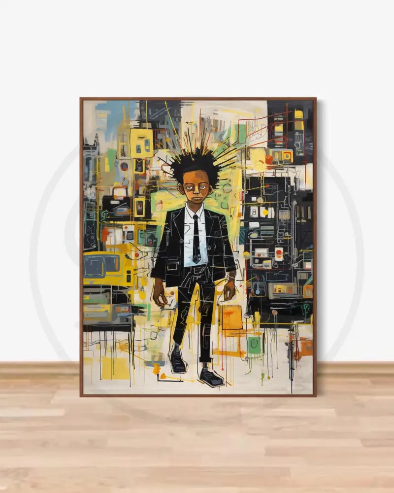 Afrocentric abstract digital wall art of Black boy in suit with urban patterns.