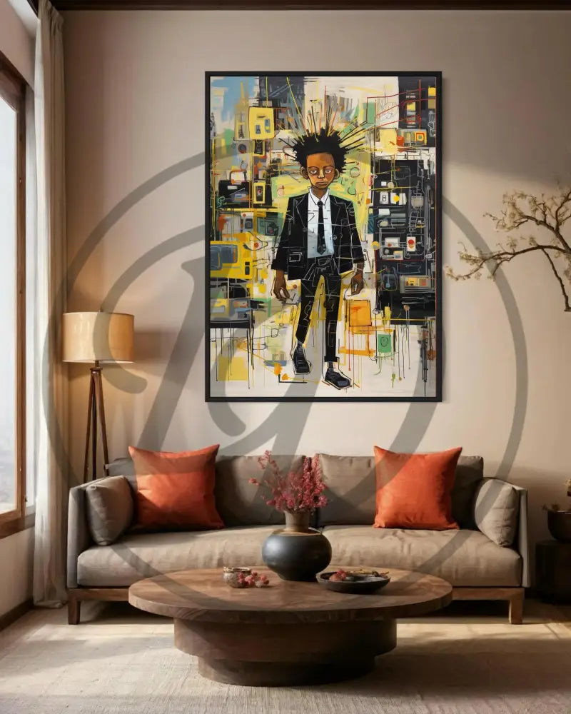 Black boy art print with expressive urban textures and vibrant colors.