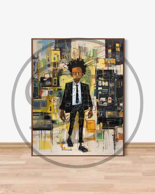 Afrocentric abstract digital wall art of Black boy in suit with urban patterns.