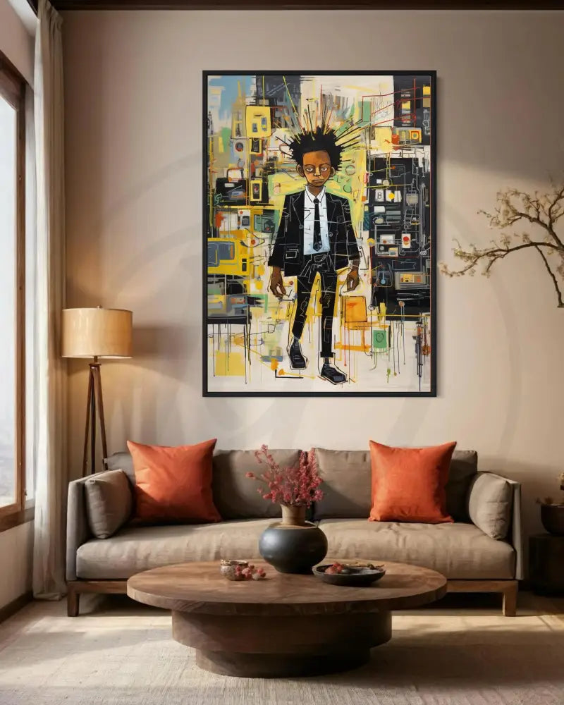 Black boy art print with expressive urban textures and vibrant colors.