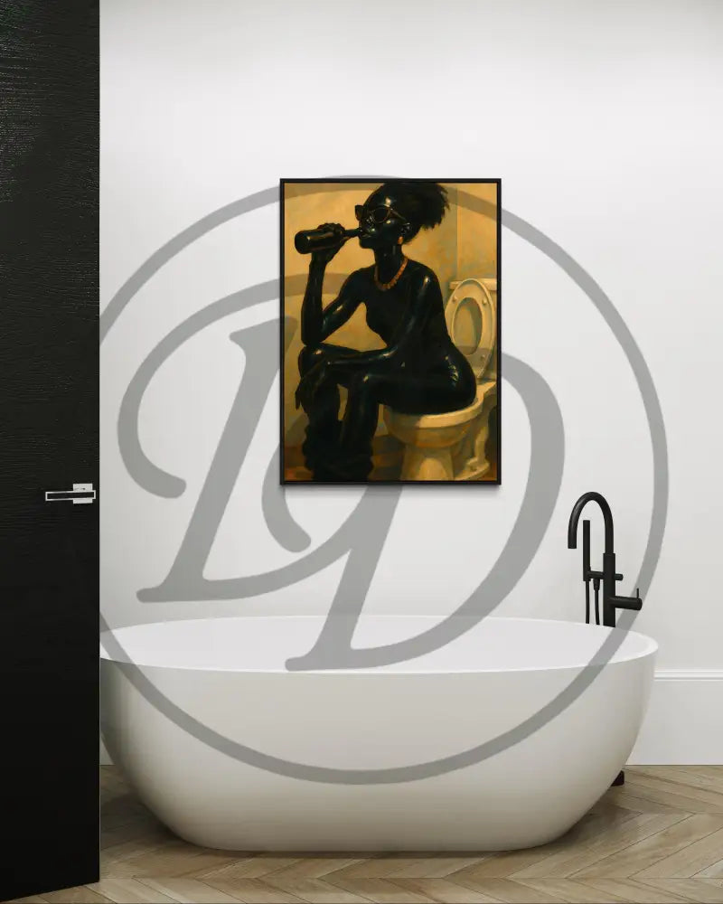 Cultural wall art piece of Black woman sitting on toilet