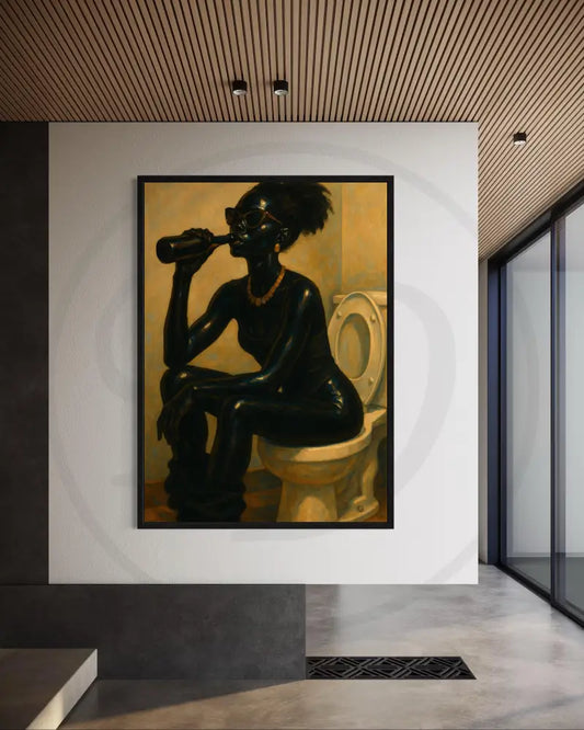 Afrocentric digital art of Black woman sipping drink in bathroom