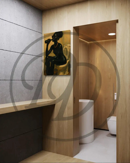 Playful artwork of confident Black woman on toilet with drink