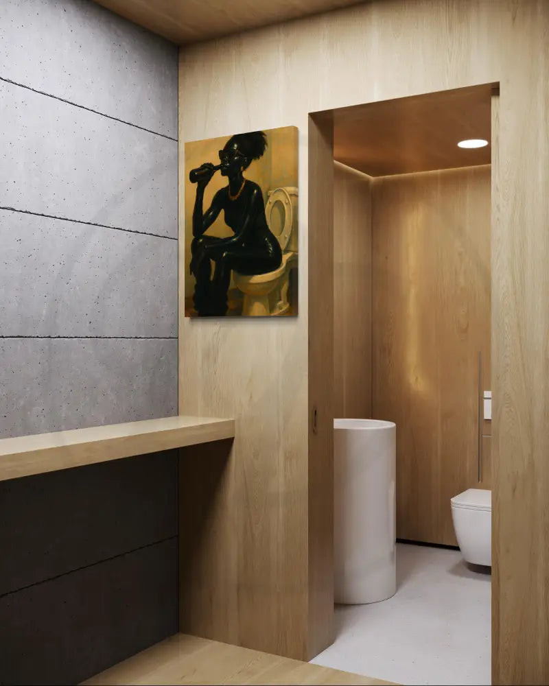 Playful artwork of confident Black woman on toilet with drink