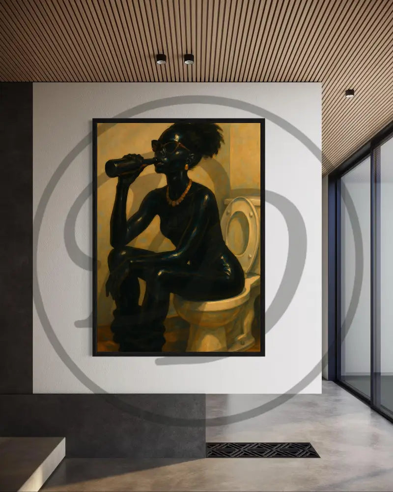 Afrocentric digital art of Black woman sipping drink in bathroom