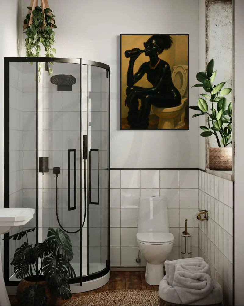Afrocentric bathroom décor art with warm tones and attitude