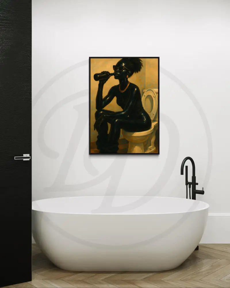 Cultural wall art piece of Black woman sitting on toilet