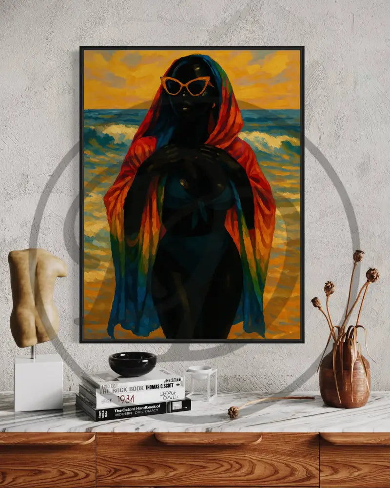 Afrocentric beach scene featuring stylish woman and ocean waves