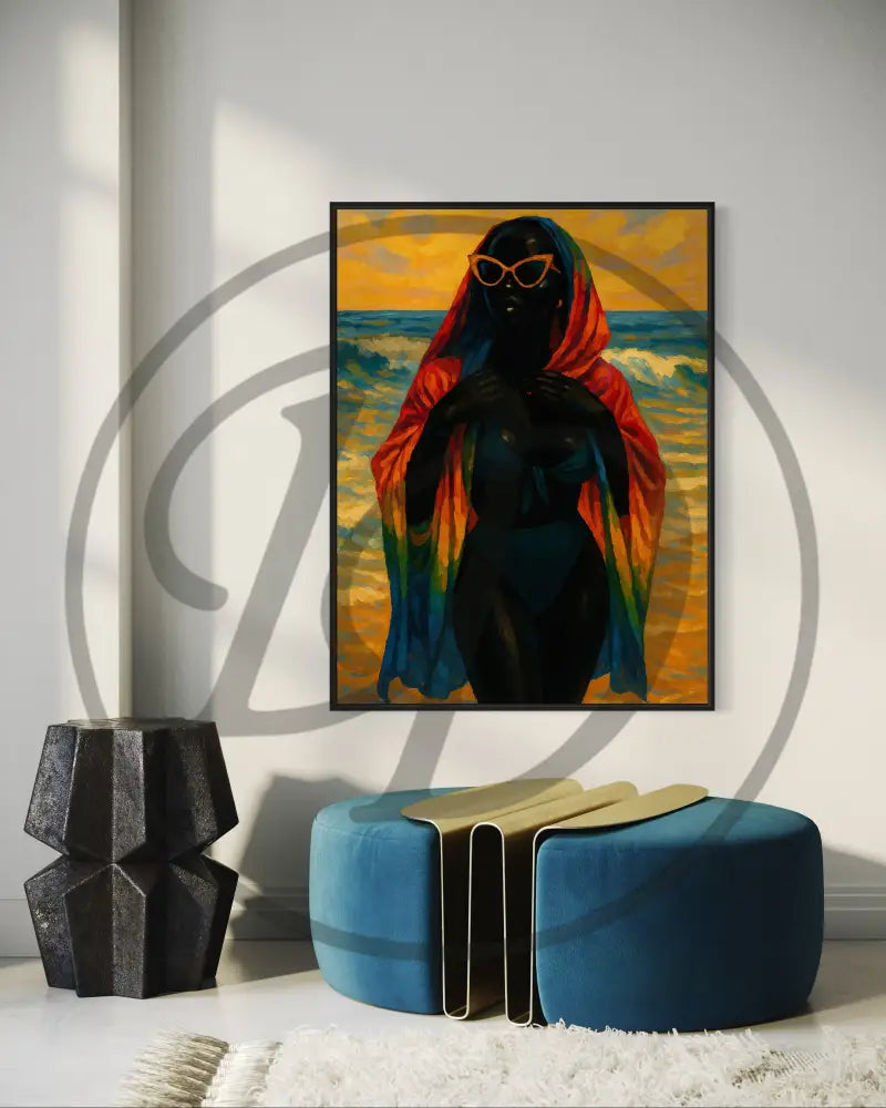 Afrocentric beach portrait of Black woman with rainbow shawl