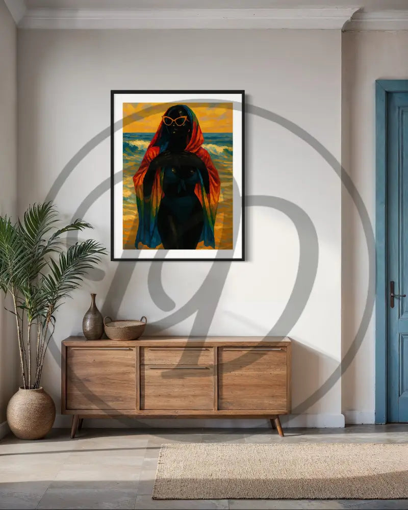Black woman wall art wearing sunglasses and bikini on the beach