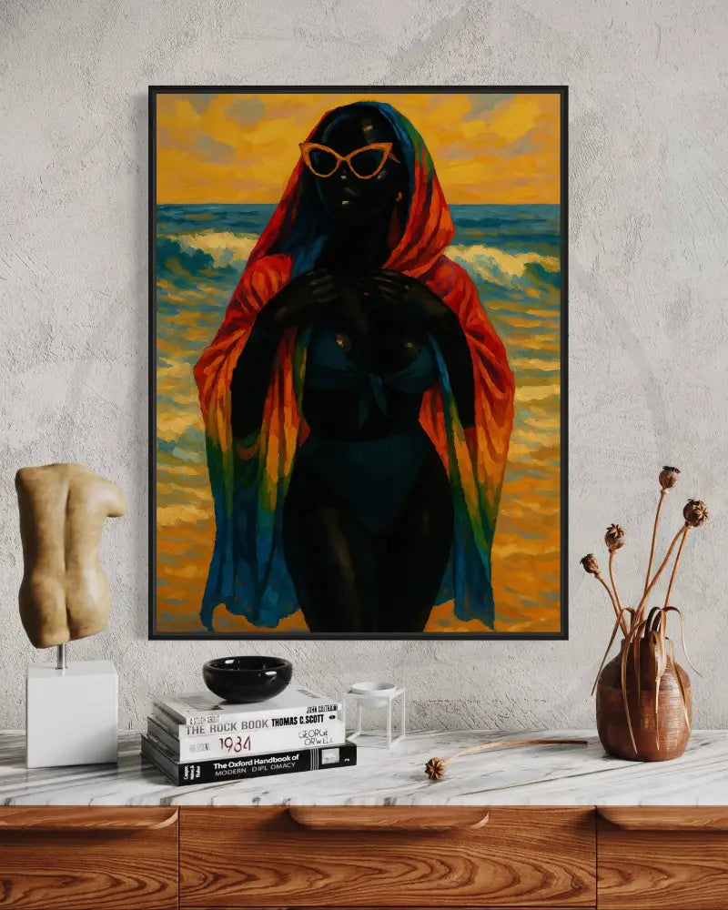 Afrocentric beach scene featuring stylish woman and ocean waves