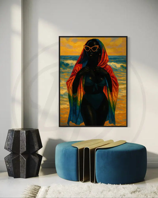 Afrocentric beach portrait of Black woman with rainbow shawl