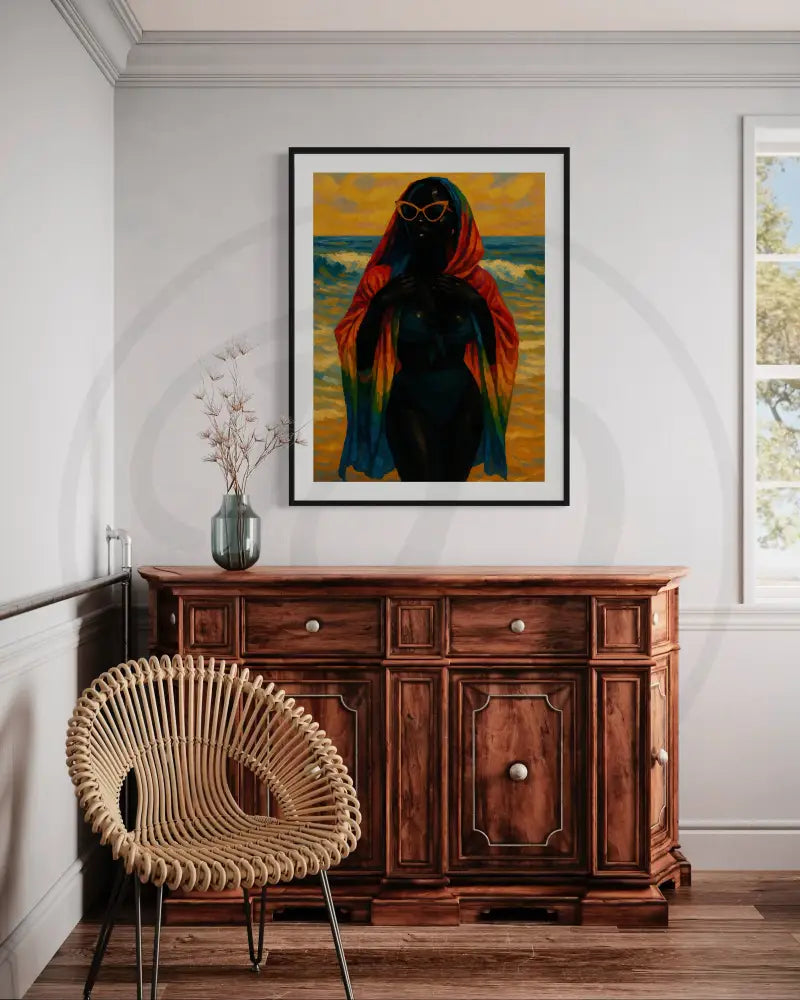 Black woman digital art print with beach sunset colors