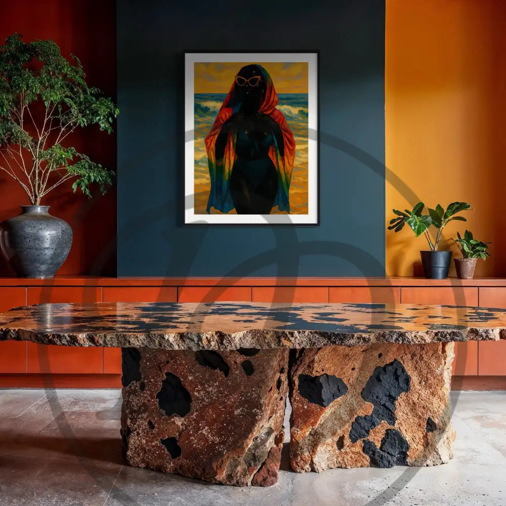 Rainbow shawl Afrocentric wall art with ocean background