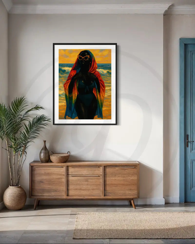 Black woman wall art wearing sunglasses and bikini on the beach