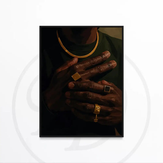 Afrocentric digital art of Black man’s hands with gold jewelry