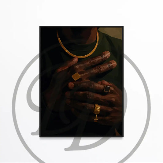 Afrocentric digital art of Black man’s hands with gold jewelry