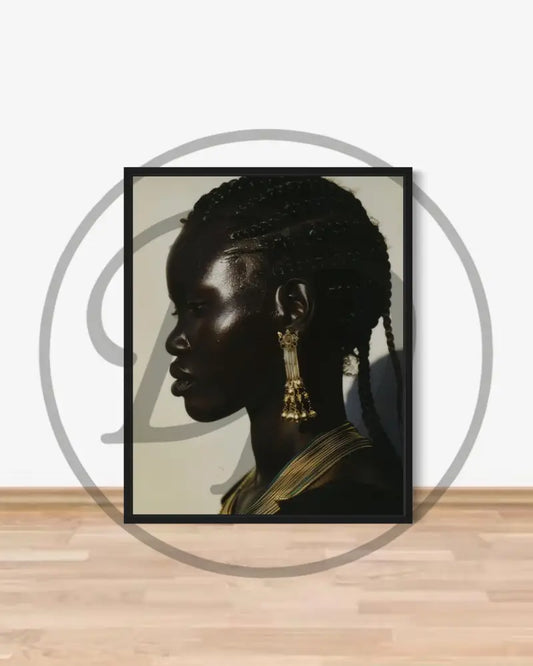 Afrocentric side-profile portrait of Black woman with gold jewelry