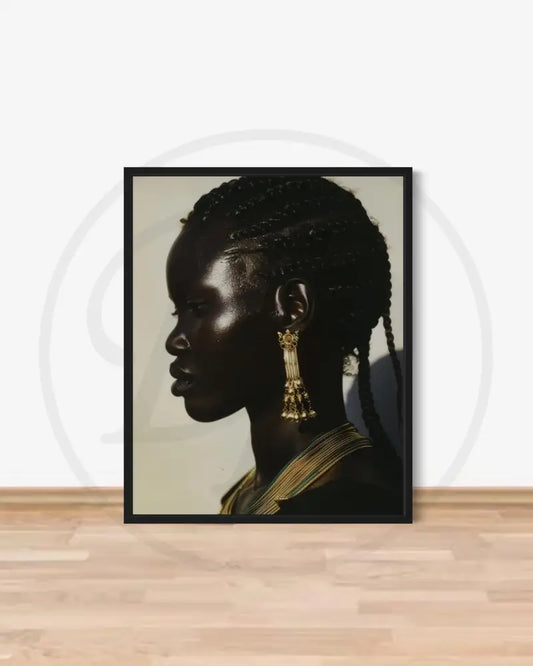 Afrocentric side-profile portrait of Black woman with gold jewelry