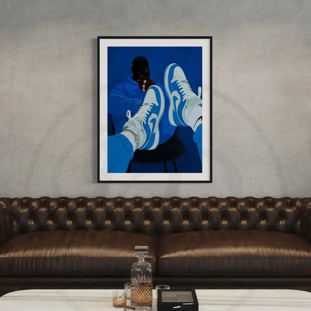 Digital print of stylish Black man wearing sneakers in blue outfit