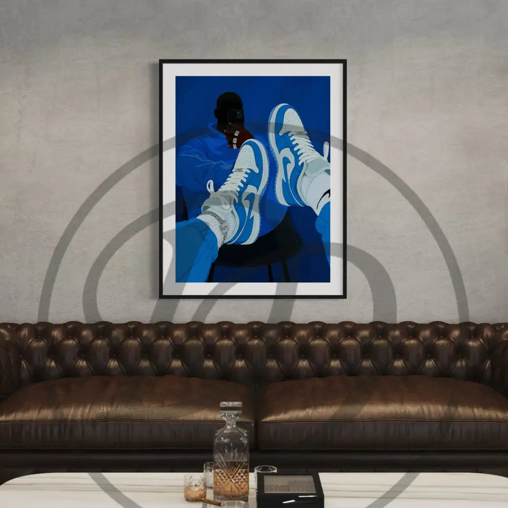 Digital print of stylish Black man wearing sneakers in blue outfit