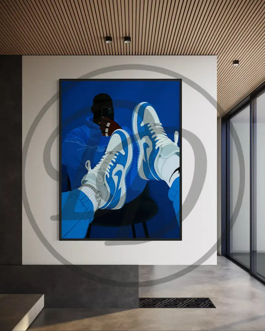 Afrocentric wall art of Black man showing off blue sneakers