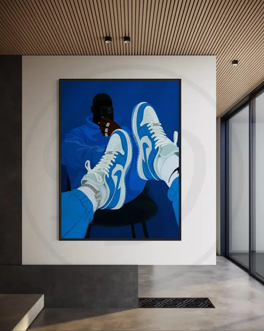 Afrocentric wall art of Black man showing off blue sneakers