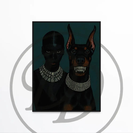 Afrocentric digital wall art of Black woman and Doberman in diamond jewelry.