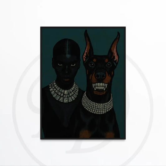 Afrocentric digital wall art of Black woman and Doberman in diamond jewelry.
