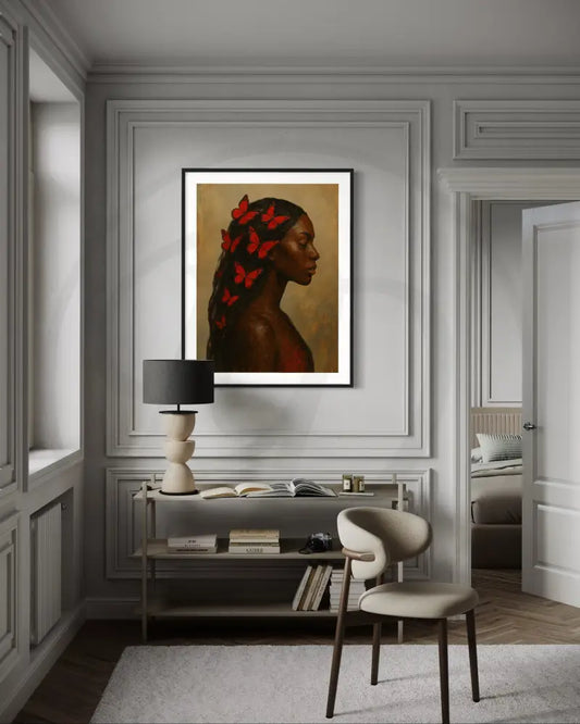 Afrocentric digital wall art of Black woman with red butterflies in her hair.