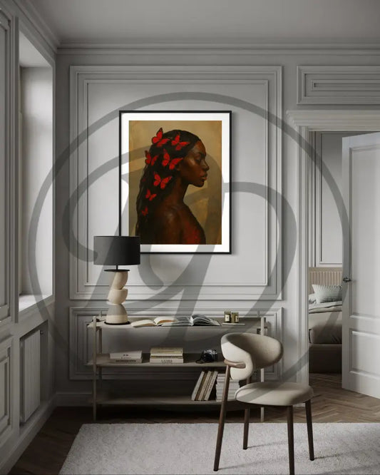 Afrocentric digital wall art of Black woman with red butterflies in her hair.