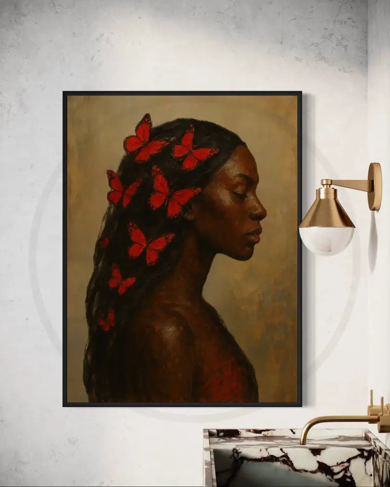 Elegant Afrocentric butterfly portrait for stylish and peaceful interiors.