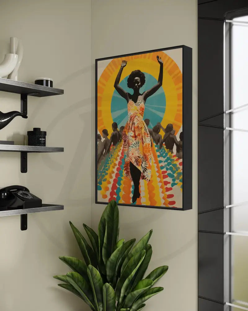 Dancing Black woman wall art with vibrant Afrocentric patterns.