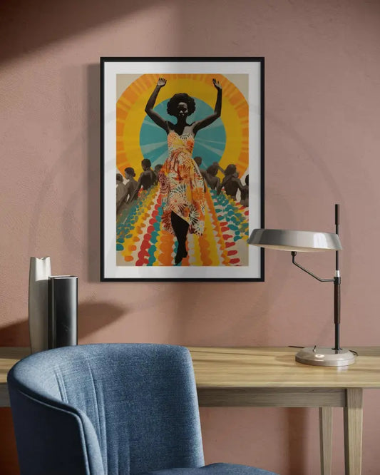 Afrocentric wall art featuring Black woman dancing in colorful dress.