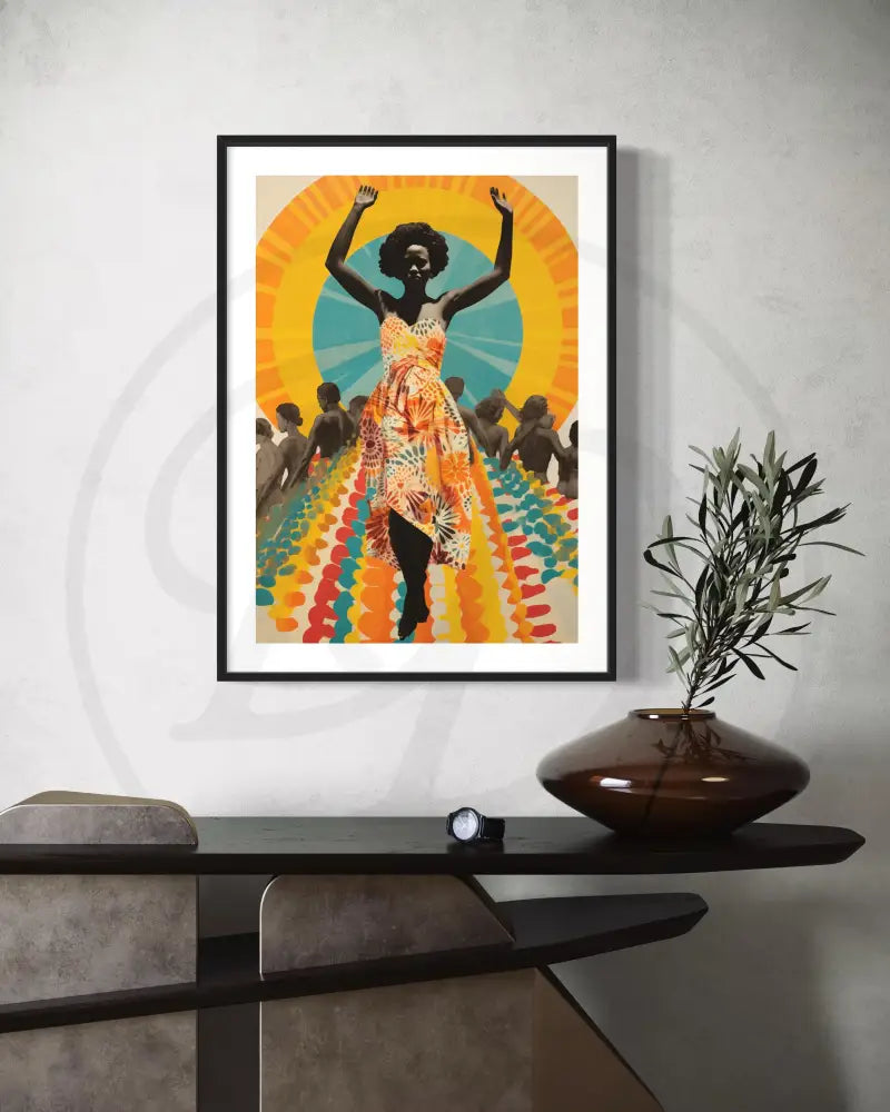 Black woman cultural wall art with dancing and bold colors.