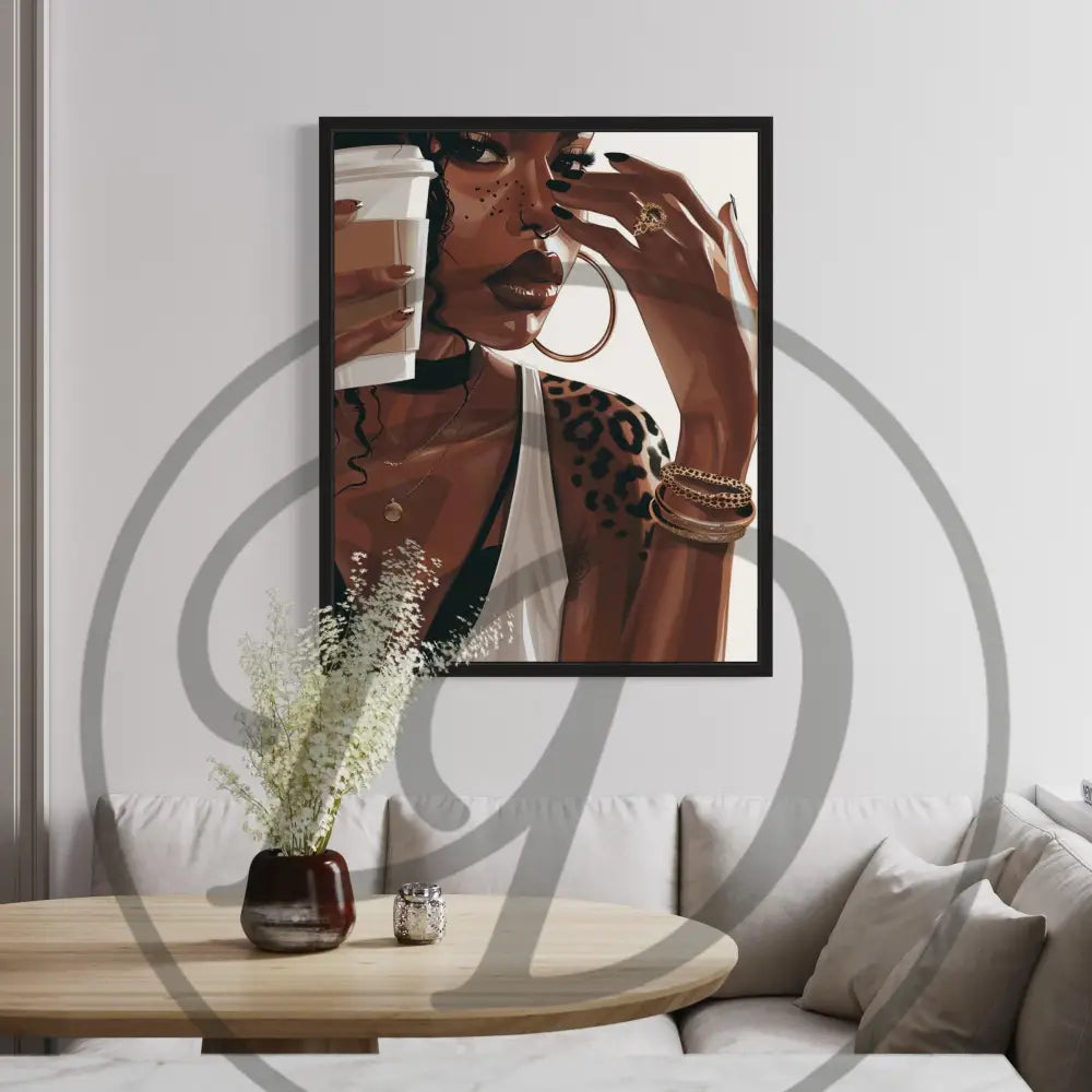 Minimalist Afrocentric coffee digital art for modern kitchen décor.
