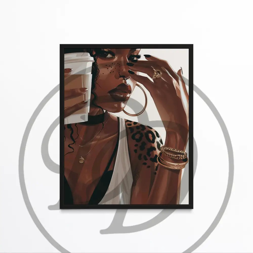 Afrocentric digital wall art of Black woman with coffee cup and leopard tattoo.